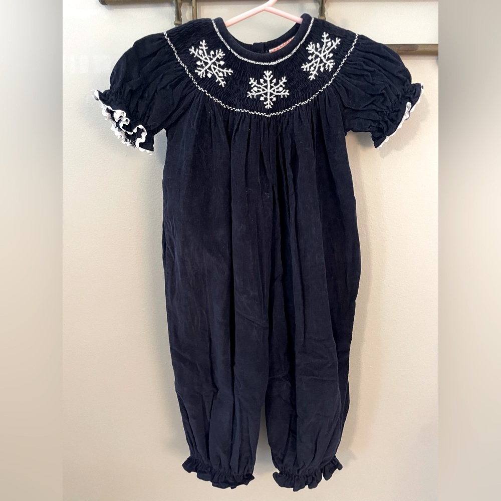 Southern Tots Navy Corduroy Smocked Snowflake Long Romper